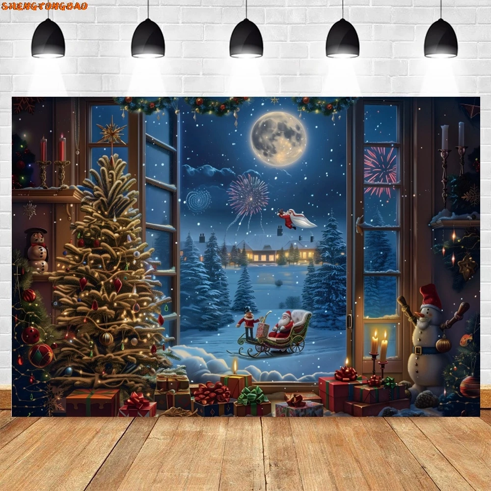 AI Christmas Tree Window Backdrop Gifts Wreath Baby Kids Portrait Xmas Party Photography Background Decor Photo Studio Props