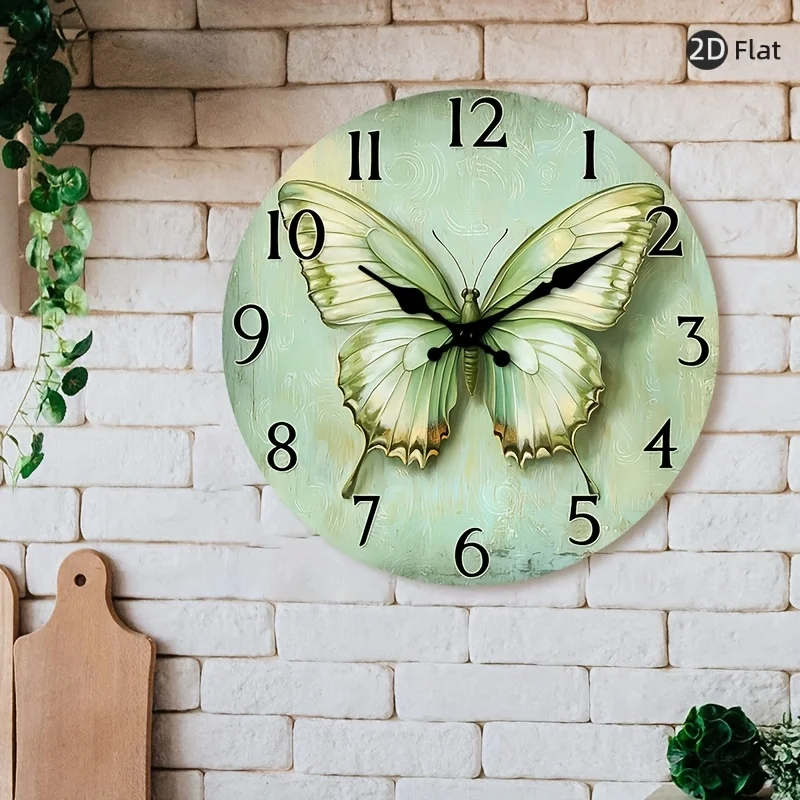 1pc 2D Flat Wall Clock Non-Ticking Wooden, Circular Clock Abstract Green Butterfly Art Design for Kitchen, Bedroom, Living Room, Stairwell, Laundry Room 25.4cm 30.48cm 35.56cm 40.64cm (No Battery), 2D Flat