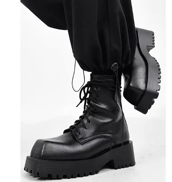Hot Man Black Split Leather Big Square Toe Lace Up Thick Sole Platform Ankle Boots Male British Style Chelsea Short Boots Shoes