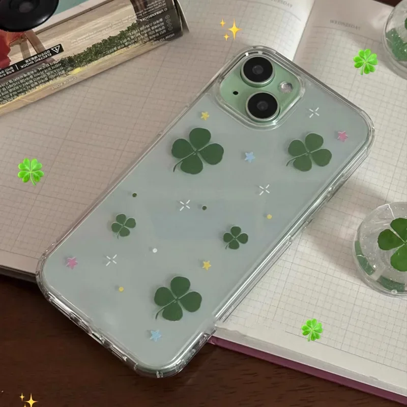 Cute Lucky Grass Clear Phone Case For iPhone 17 16 15 14 13 12 11 Pro Max Mini SE 7 8 Plus Air Y2K Shockproof Soft Cover Fundas