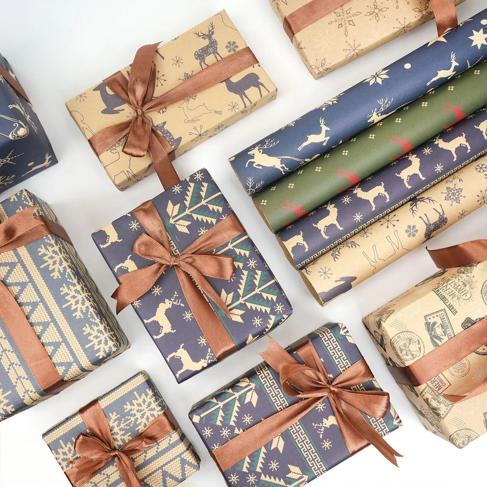 Série de papel de embrulho kraft de Natal, usado para decoração de caixa de presente, formas de rena e árvore de Natal, materiais ecológicos e presente de Natal reciclável! (Tamanho 50Cm*70Cm)