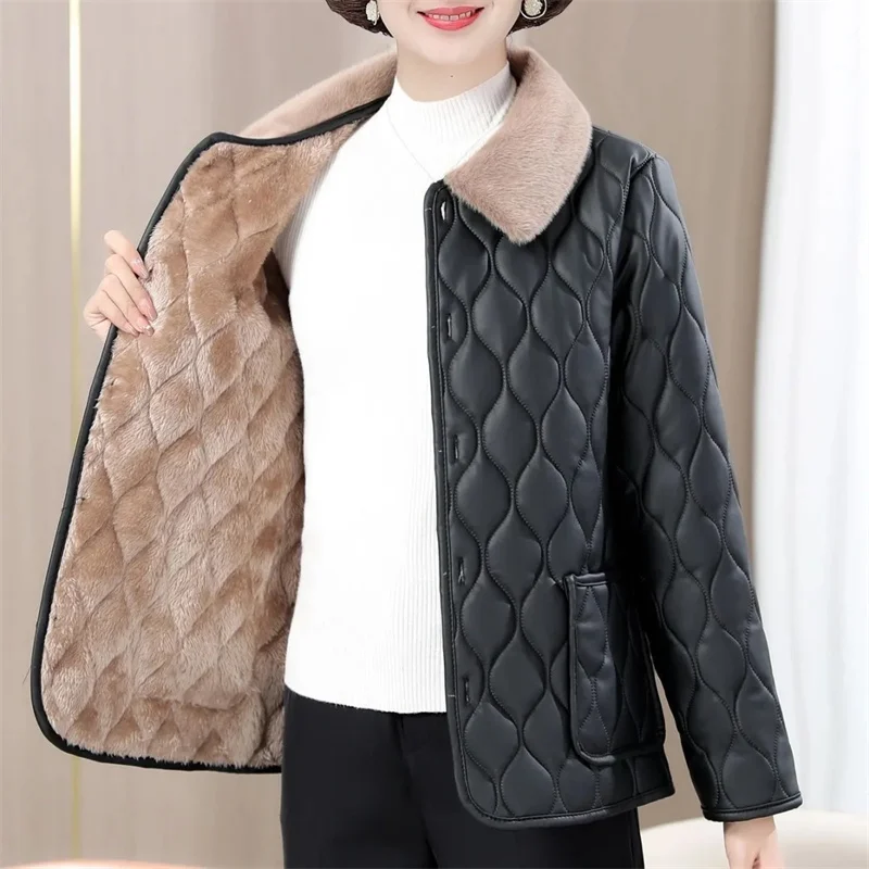 Chaqueta de lana de cuero PU para mujer, abrigo corto, prendas de vestir de mediana edad exteriores, Tops cálidos delgados, chaquetas acolchadas de algodón peludo, Invierno