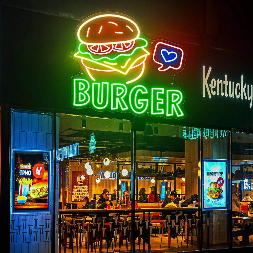 Burger Neon Sign Outdoor Business Sign Burger Neon Custom LED Dimmable Hamburger Neon Light Up Sign Fast Food Restaurant Decor