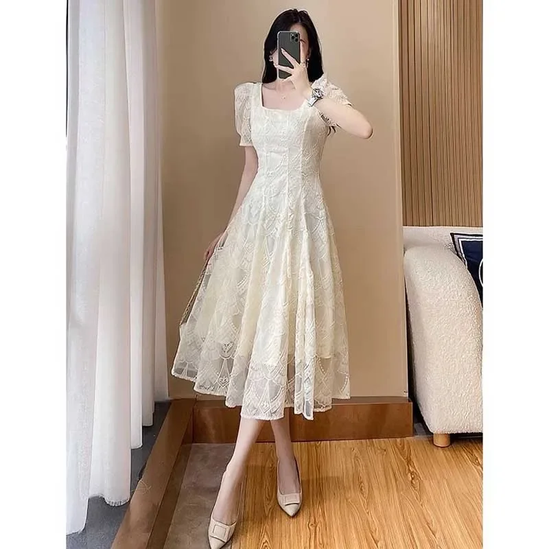 

Elegant Solid Color Spliced Embroidery Gauze Midi Dress Women Clothing Spring New Loose Korean Puff Sleeve Ladies Dresses A116