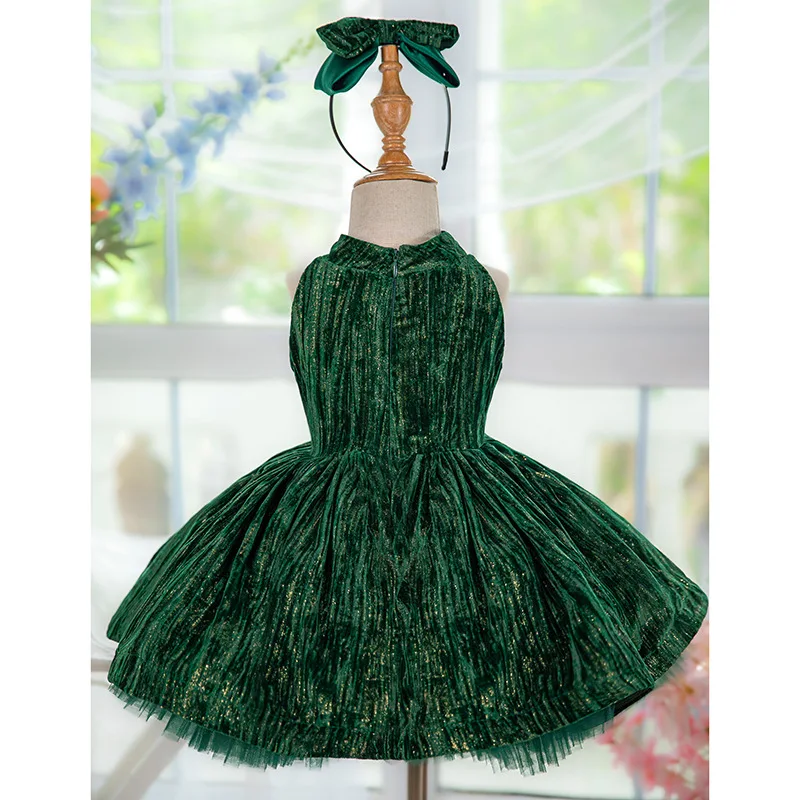 

2026 New Arrival Dark Green French Style Neck Velvet Puffy Sleeveless Princess Skirt Girl One-Year-Old Sweetheart Hot Style