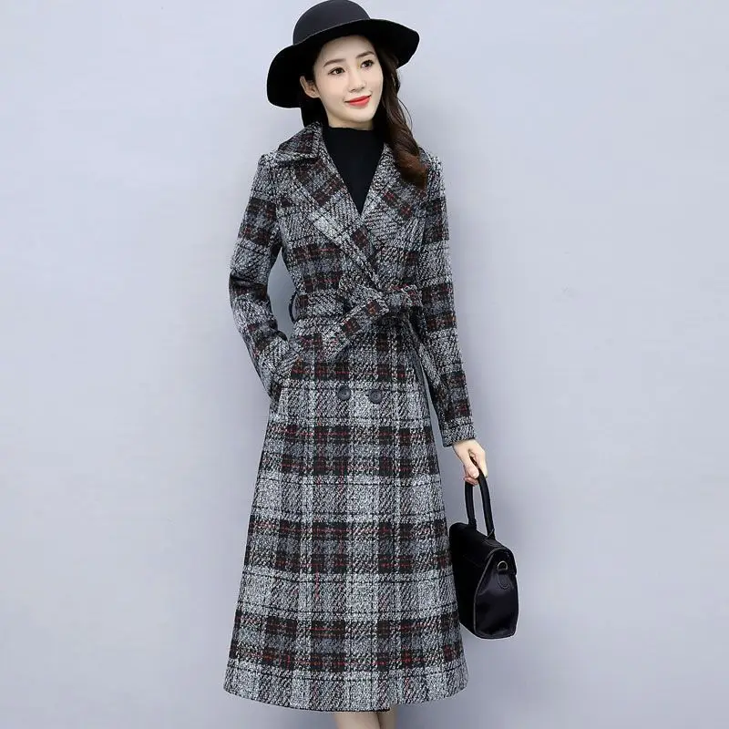 

ODFVEBX High-End Plaid Wool Jacket Women 2023 Autumn Winter New Slim Double-Breasted Long Tweed Coat Female Woolen Snow Overcoat