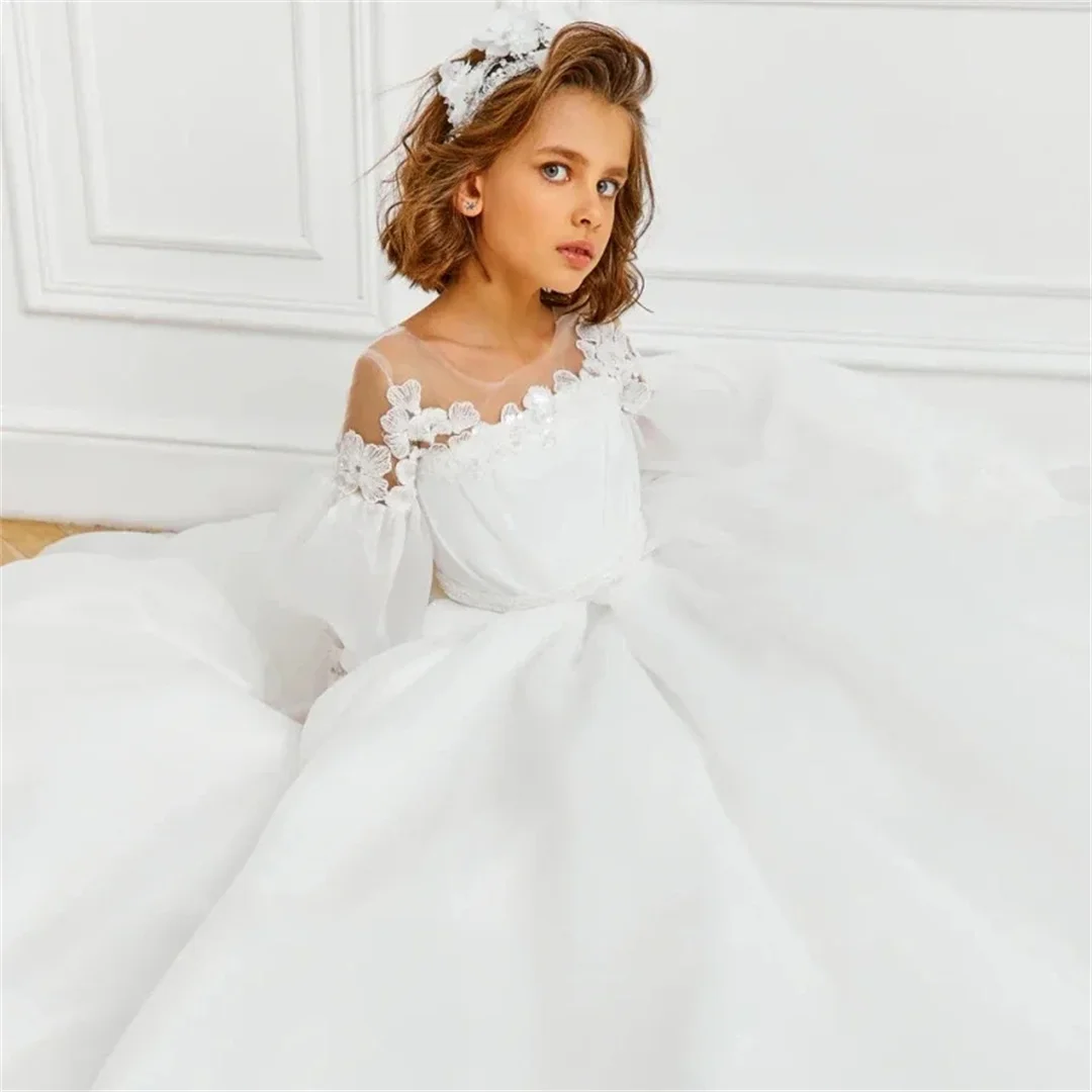 

Customized Flower Girl Dresses With Bow Long Sleeve For Wedding Birthday Evening Banquet Holy Communion Gowns White Flowers