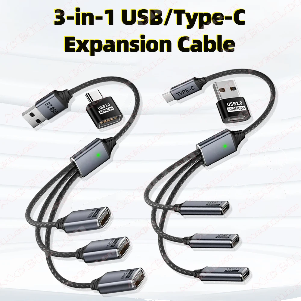 

3 in 1 USB A Type C Splitter Cable USB 2.0 Hub OTG Converter Adapter with Charging Data Transfer for Smartphone Laptop Tablet