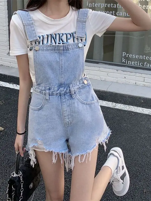 

Slimming Short Denim Overalls Women's Summer Thin Style Fringed Bib Overalls Trendy Ageless plus Size Fashionable Shorts
