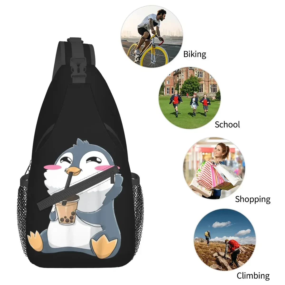 Penguin Boba Bubble Tea Milk Crossbody Sling Bag Small Chest Bag Anime Shoulder Backpack Daypack for Hiking Outdoor Biking Bag