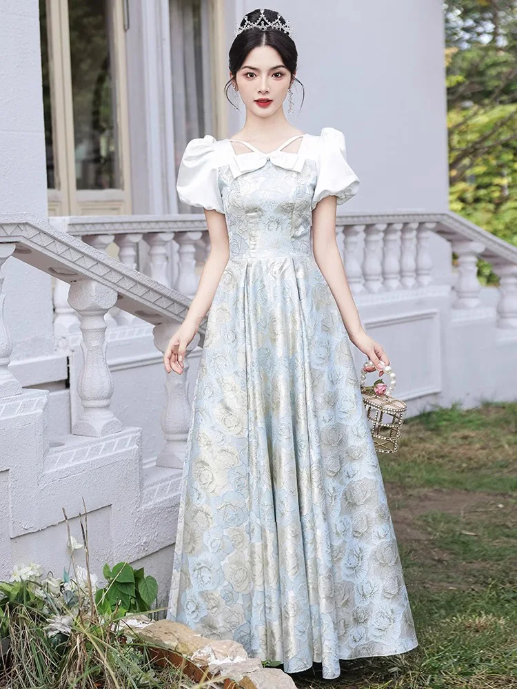 

French Style Banquet Evening Dress Women Bow Puff Sleeves Printting Quinceanera Dresses Exquisite Elegant Graduation Gown