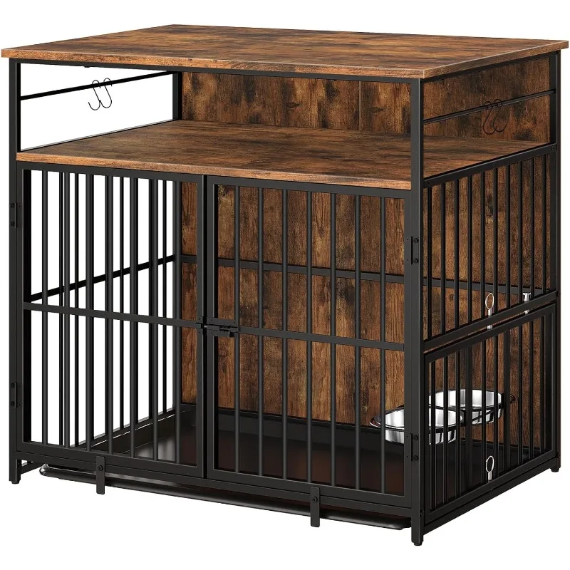 Large Dog Crate Furniture,  Wooden Dog Cage End Side Table for Small/Medium/Large Dogs, Chew-Resistant, Rustic Brown DCHR10901