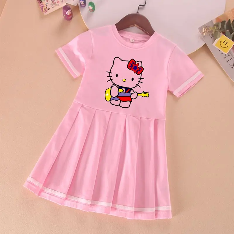 Sanrios Hellokittys Dress Kawaii Kuromi Girl Princess Dress Summer Cotton Short Sleeve Fashion Pleated Skirt Preppy Kids Clothes