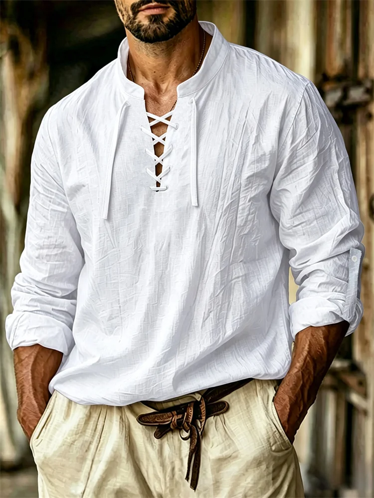 Men's V-neck T-shirt Pirate Medieval Viking Gothic Style Tops Cotton Linen Lace-up Long Sleeved Cospaly Halloween Party Tees