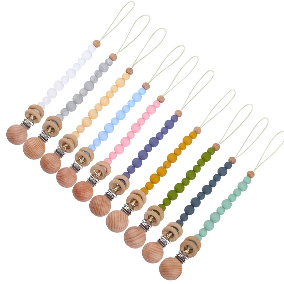 Baby Pacifier Clips Silicone Beads Wooden Ring Dummy Chain Newborn Gift Teether Soother Chain Nipple Holder Baby Stuff Accessory