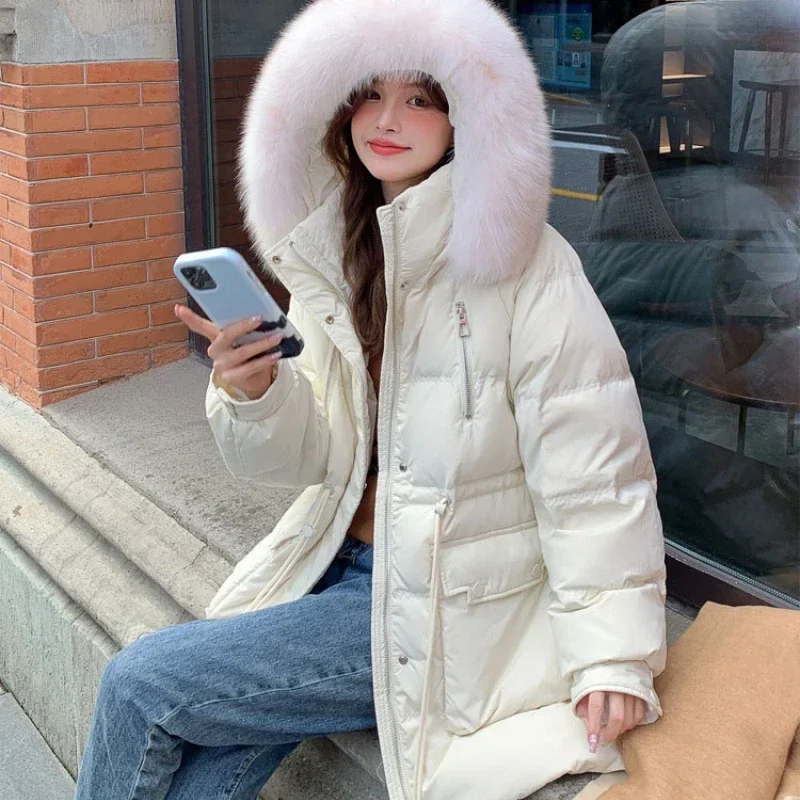 Women's Down Parka Winter New Puffer Coats Large Fur Collar Thick Warm Outerwears Simple Casual Zipper Mid-length Down Jackets