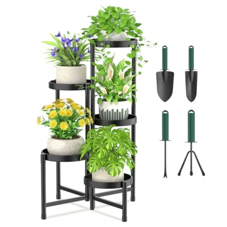 

Подставка для растений с садовыми инструментами, 5-уровневый угловой металлический держатель для цветов, полка для внутреннего и наружного использования, простая сборка, складная