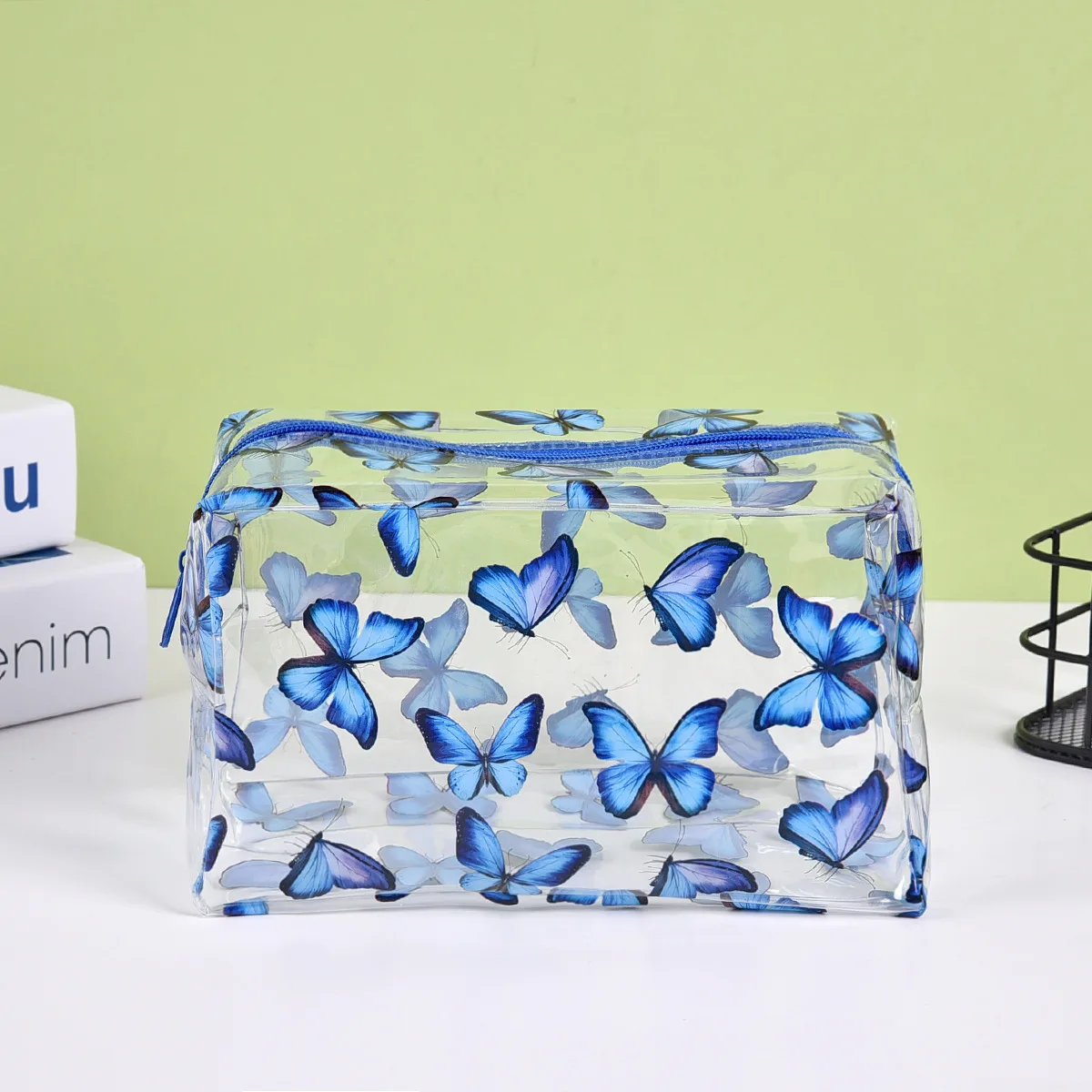 

1pcs Cosmetic Bag Blue Butterfly PVC Transparent Portable Cosmetic Bag Waterproof Large Capacity Storage Travel Cosmetic Bag