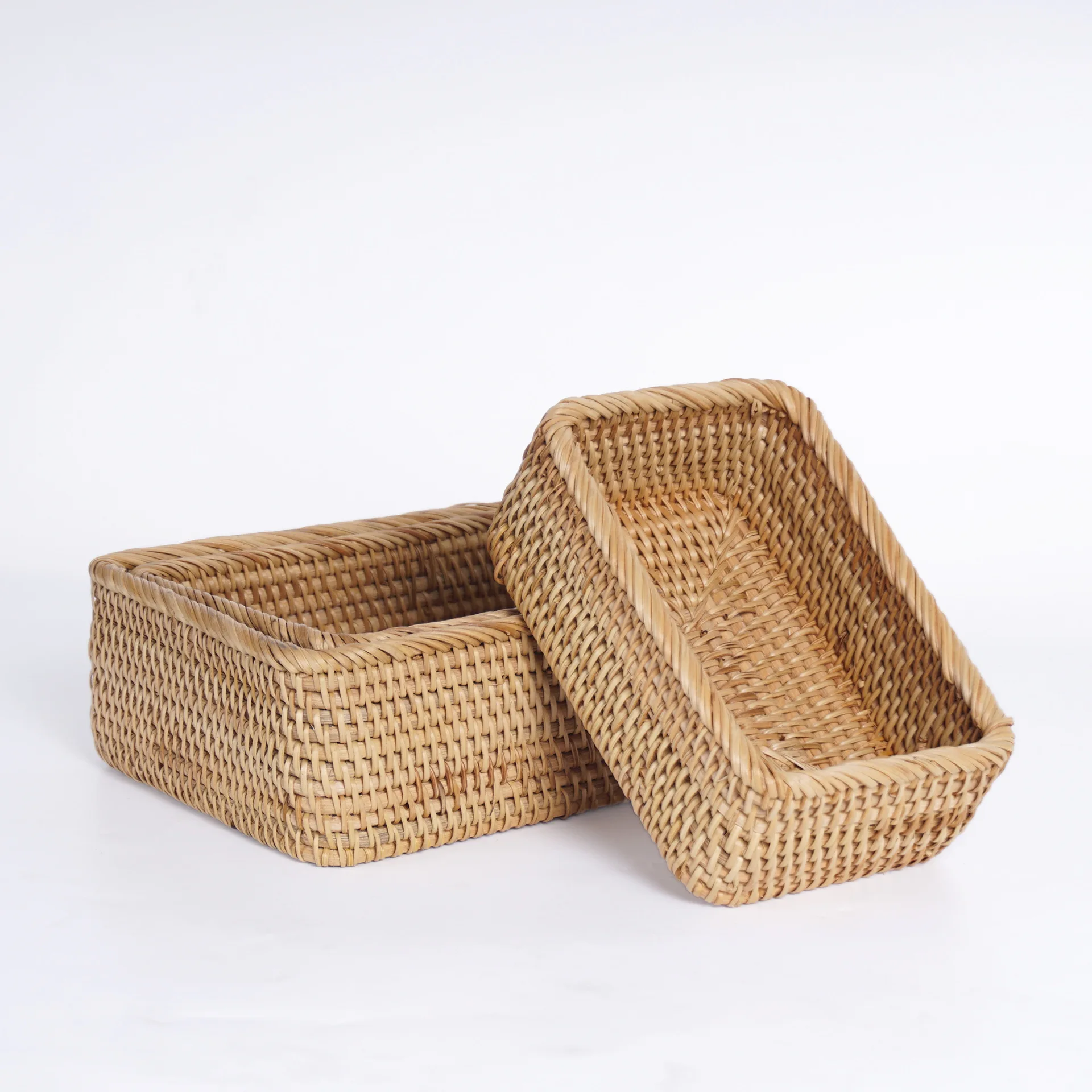 Square rolled edge set with three rustic style minimalist Vietnamese autumn vine hand woven storage basket for home storage and