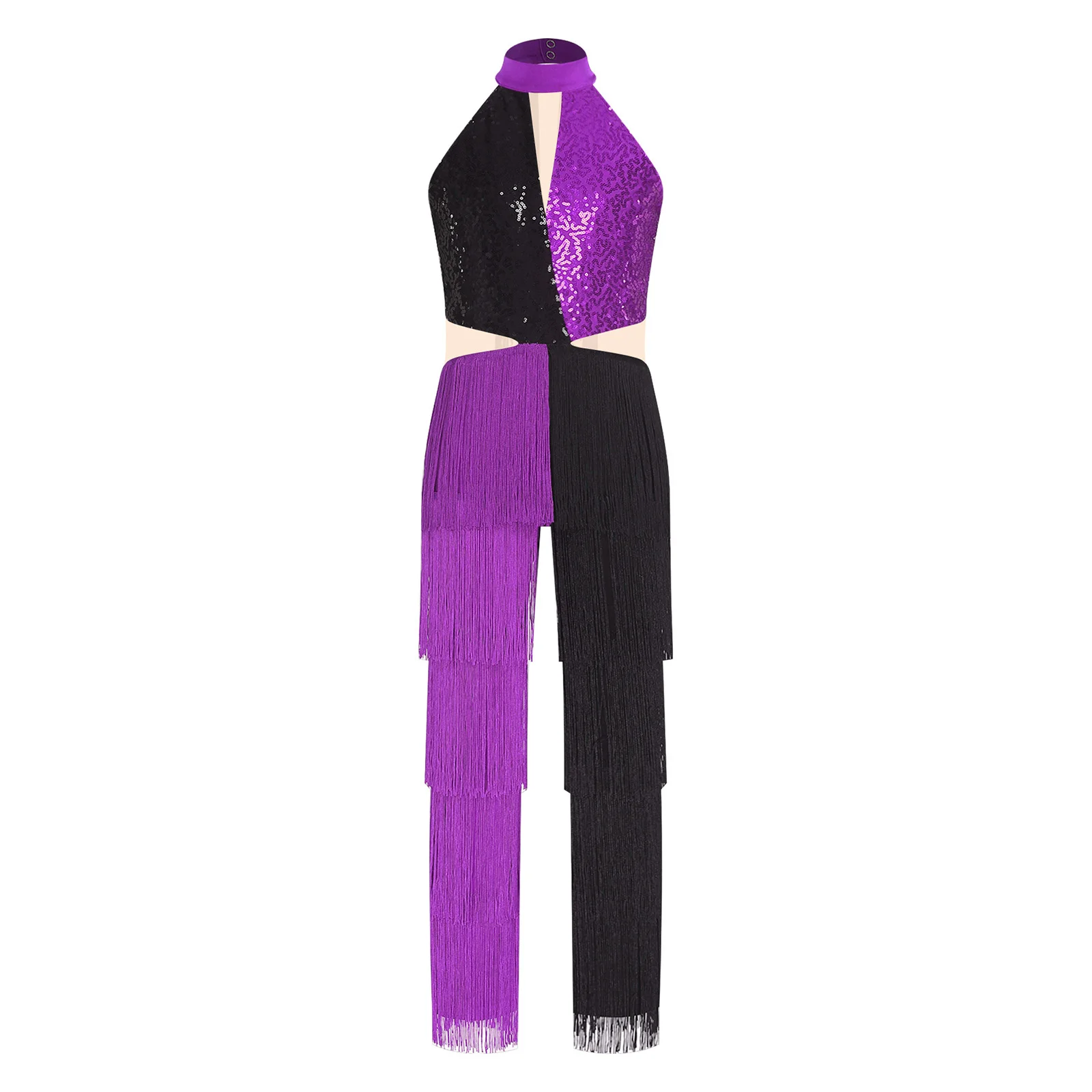 Girls Modern Latin Jazz Dance Jumpsuit Halter Sleeveless Shiny Sequin Tassel Bodysuit for Ballroom Tango Salsa Samba Dancing