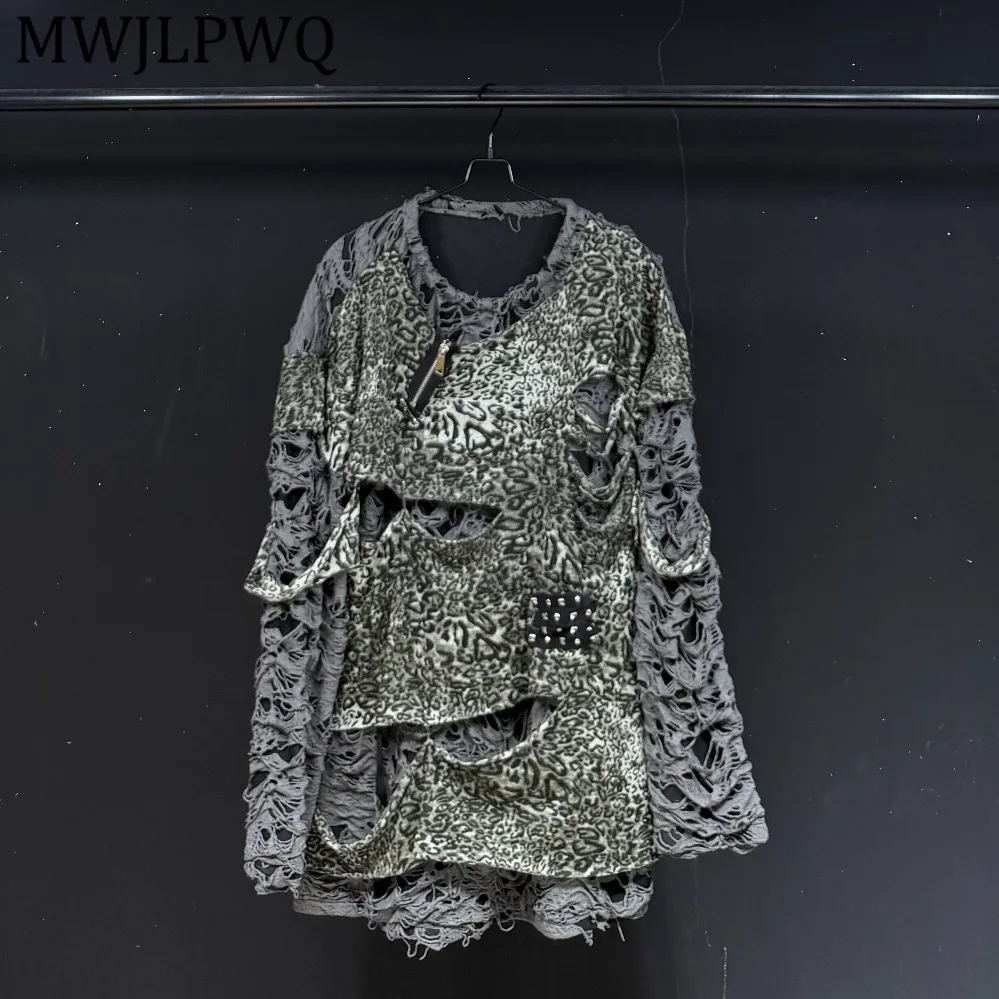 

Футболка с длинными рукавами в уличном стиле MWJLPWQ, мужская, модная, с рваным эффектом, круглым воротом, винтажным дизайном, свободного кроя, модель 14740
