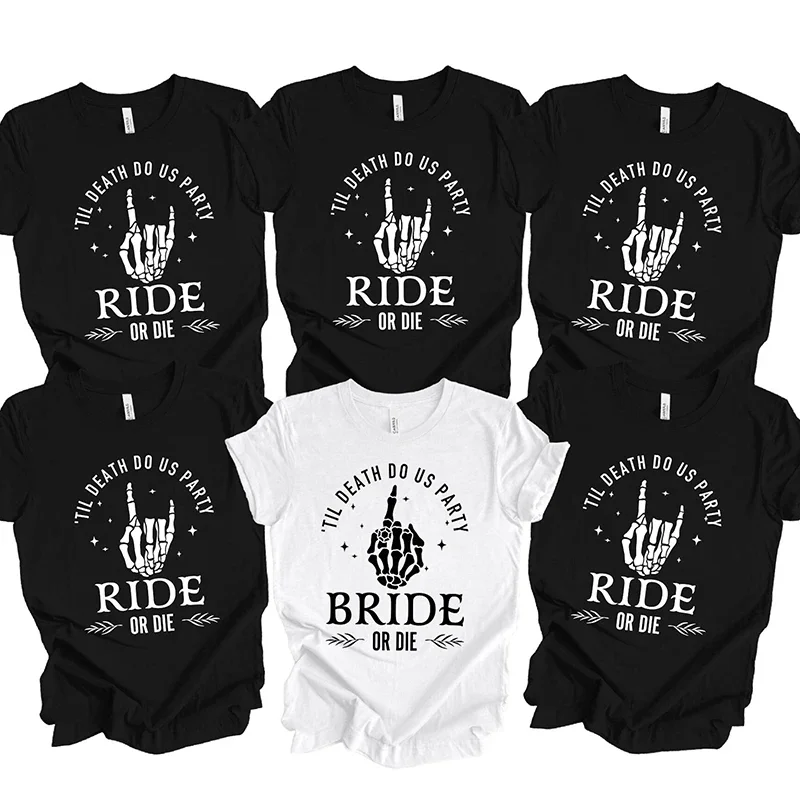 

Футболки для девичника «Bride or Die» с графикой скелета и средним пальцем, для команды невесты, свадебные топы