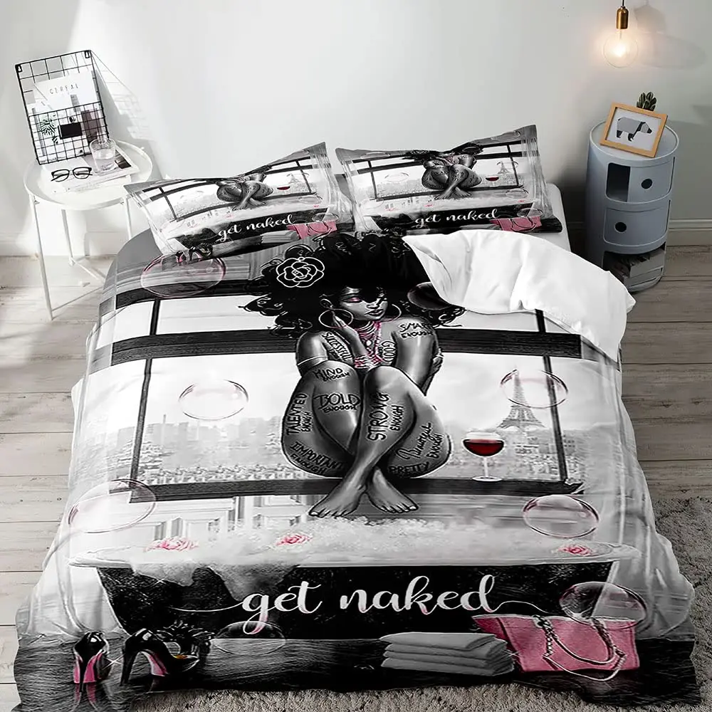 3PCS Sexy Girls Bedding Set, Duvet Cover King Size, Black Girl Comforter Quilt Cover,Inspirational Gifts for Women 2 Pillowcases