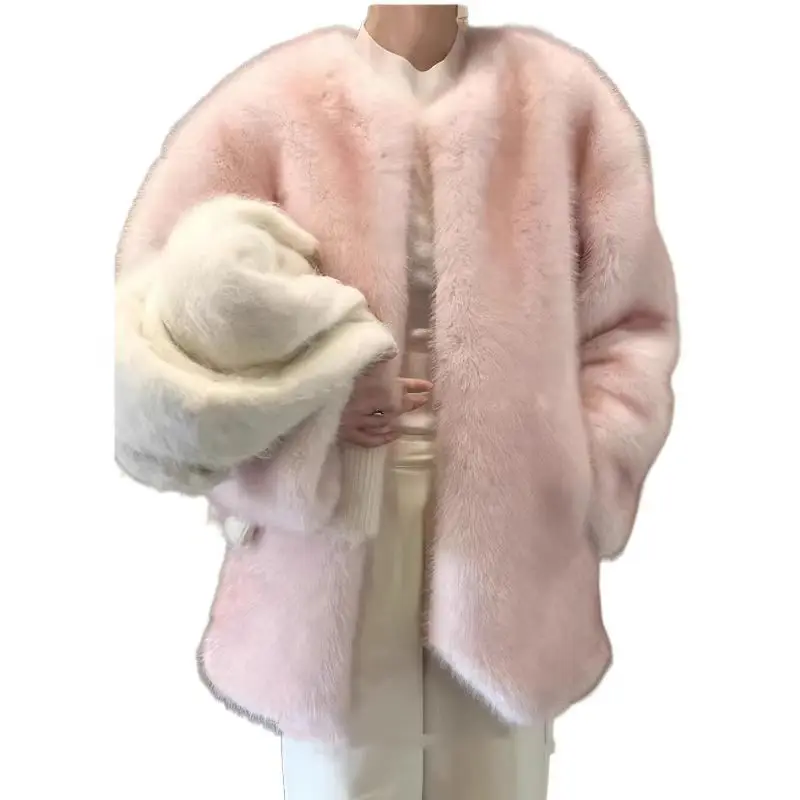 Open Stitch Faux Fox Fur Coat for Women, O-Neck Long Jacket,Thick Warm Clothes,England Style,Autumn and Winter, 2024