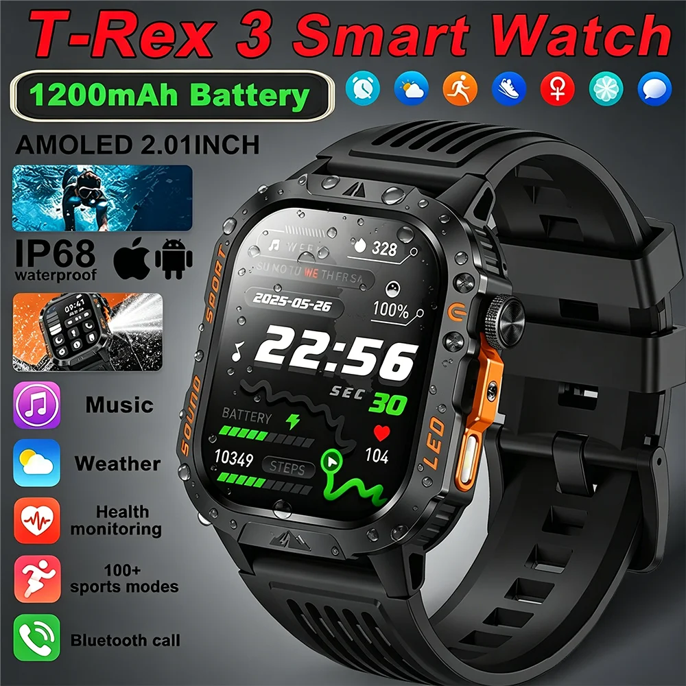 

Новые смарт-часы T-Rex 3 для мужчин, водонепроницаемые, с HD-дисплеем 2,01 дюйма, Bluetooth-вызовами, LED-фонариком, множеством спортивных режимов, модель 2026 года