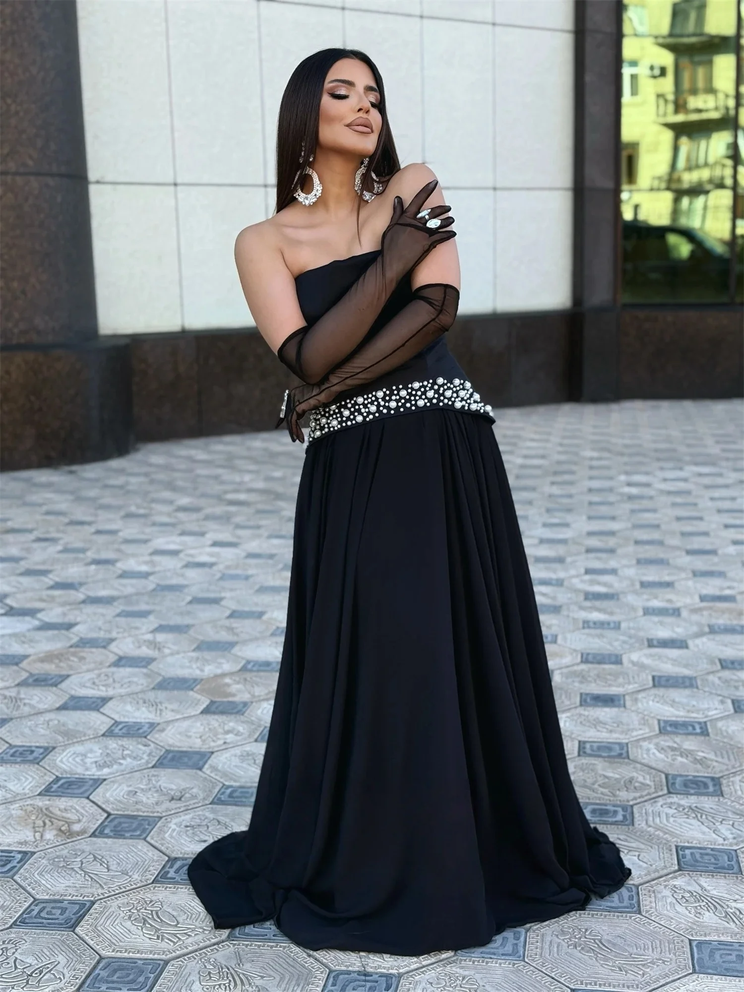 

Strapless Black Pearls Bespoke Occasion Gown Long Evening Dresses Pastrol Unisex Jersey Retro Dubai Saudi Arabic Prom Customized
