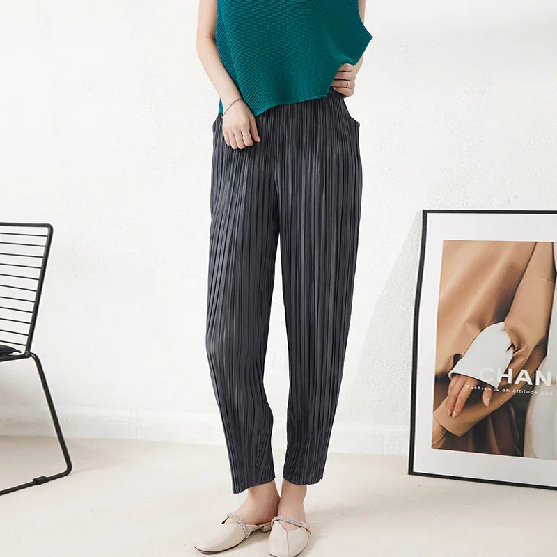 

ALSEY Miyake Pleated Casual Calf Pants for Women Autumn Wide Leg Pants Draped Simple High Waist Slim Haren Nine Minute Pants