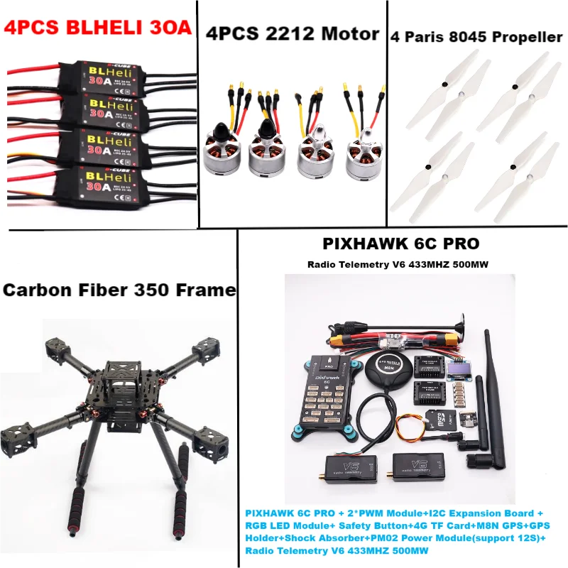 RctoSky Carbon Fiber 350 PIXHAWK 6C PRO M8N KitFlight Control Ardupilot Radio Telemetry Quadcopter BLHELI 30A 2212 Motor ESC