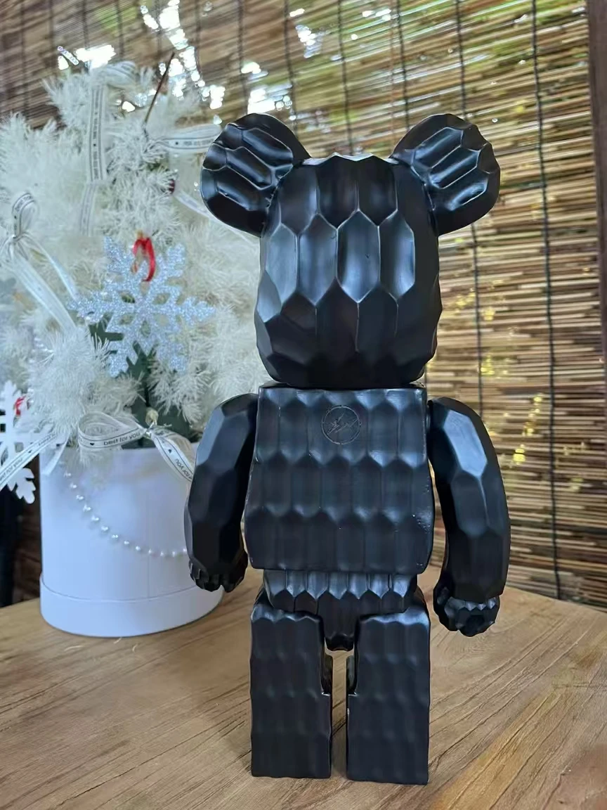 Bearbrick 400% Karimoku x Fragment (Carved Wooden) Lightning Black Wave Bear 28cm Height Handmade Ebony Collectible Figure