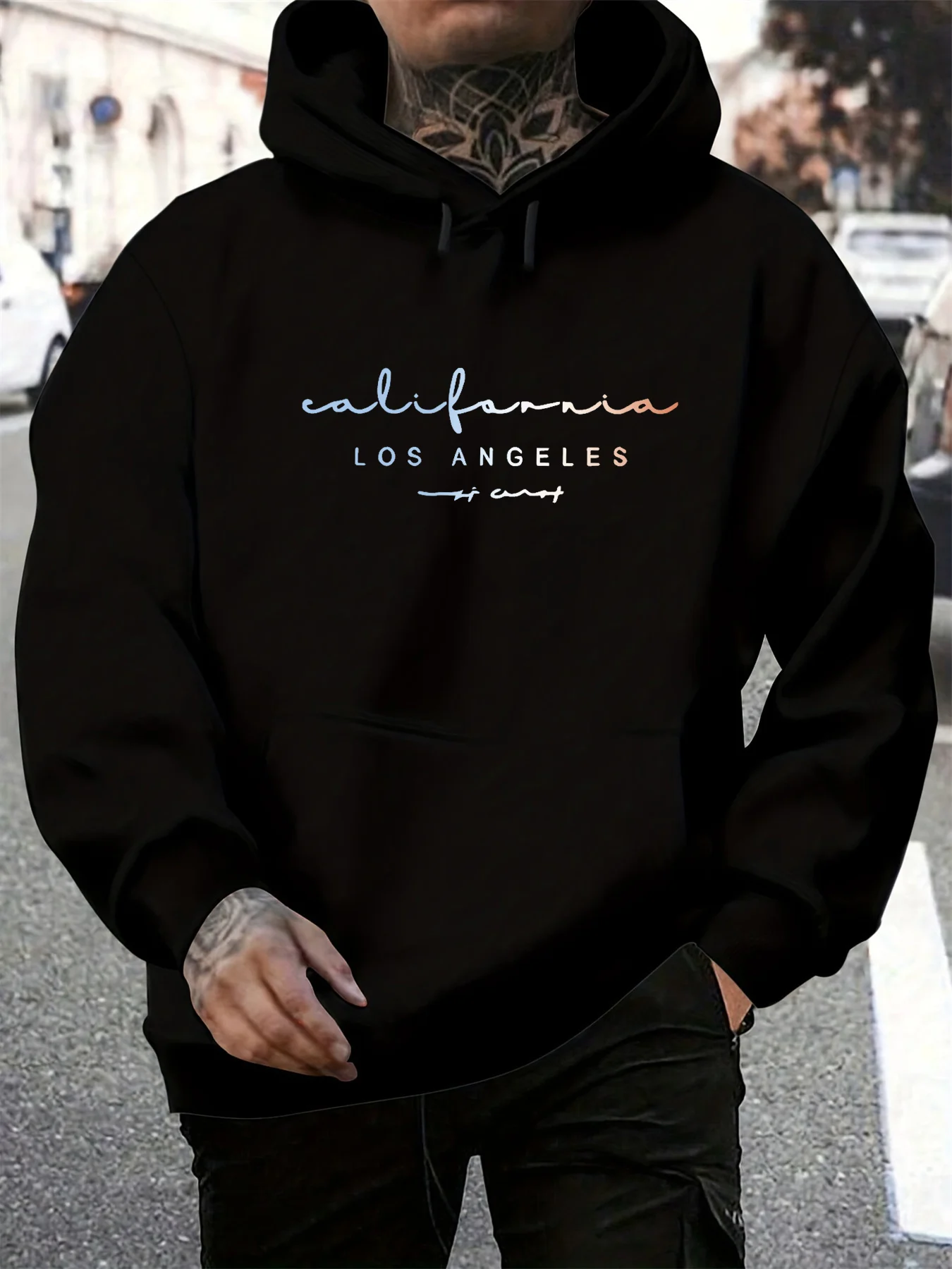 Men's Spring and Autumn Casual Warm Loose Fashion Classic Los Angeles Letter Pattern Printed Long Sleeve Round Neck Hoodie