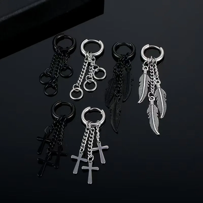 

1 Pair Stainless Steel Earrings Feather Cross Pendant Long Tassel Unisex Hoop Punk Gothic Piercing Jewelry
