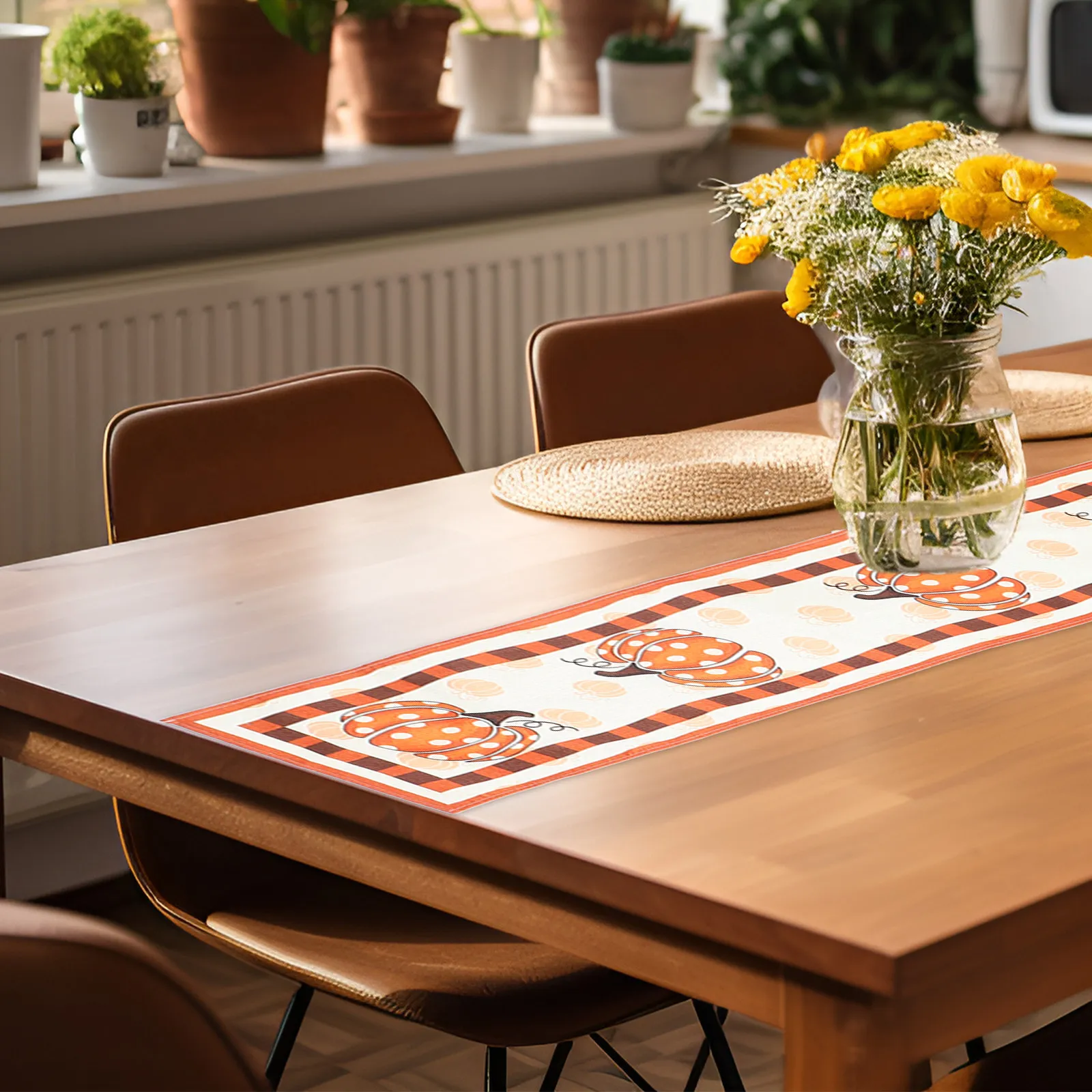 Autumn Pumpkin Table Runner Linen Fabric Festive Fall Decor for Dining Tables Coffee Tables Kitchen Islands Holiday Party Setup