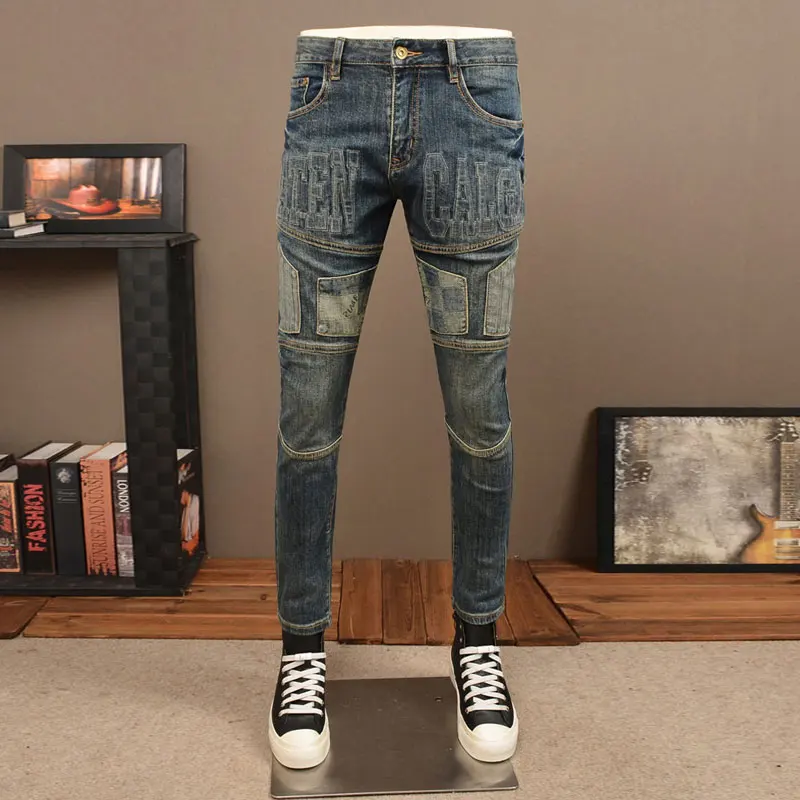 

Мужские джинсы High Street Fashion в стиле ретро, синие эластичные облегающие рваные джинсы, мужские винтажные джинсовые брюки с вышивкой в стиле хип-хоп, Hombre