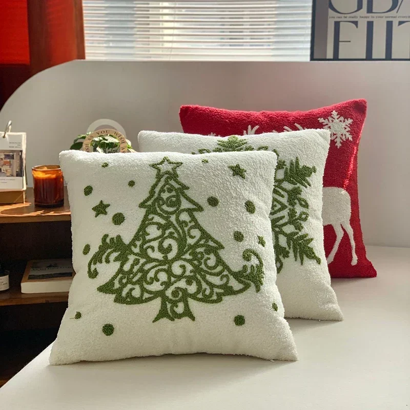 Christmas and New Year Plush Cushion Cover Red Teddy Velvet Embroidered Pillowcase Festive Joyful Home Pillow Covers Decorative