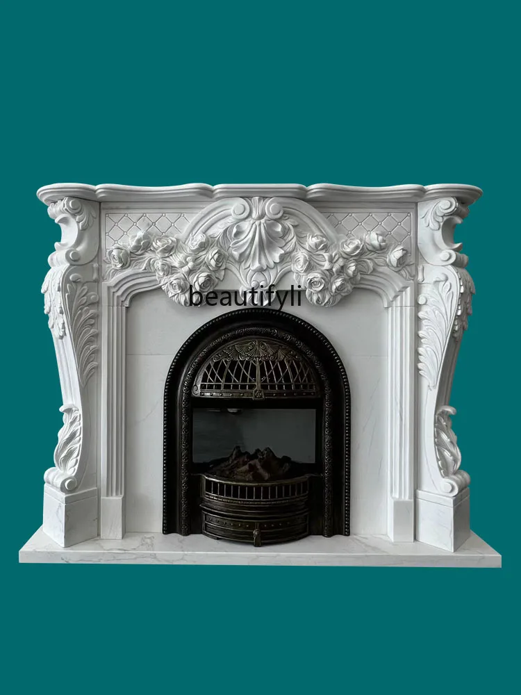 Marble Mantelshelf European American Style Living Room Entrance Curio Cabinet White Marble Material French Carved Fireplace