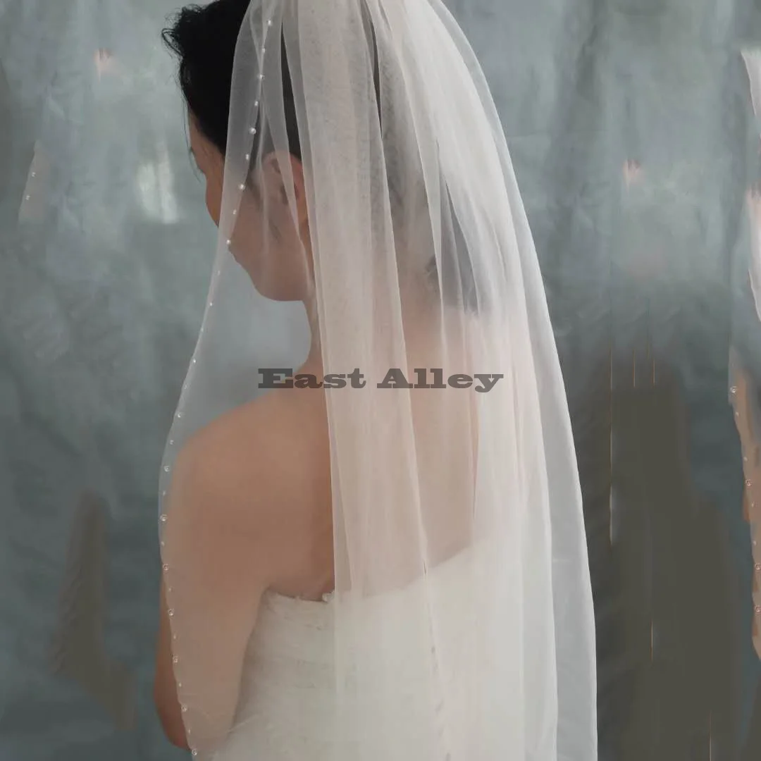 Crystal White Bridal Veil One Layer Beaded Edge Wedding Veils Fingertip, Floor Chapel  long bridal veil with comb