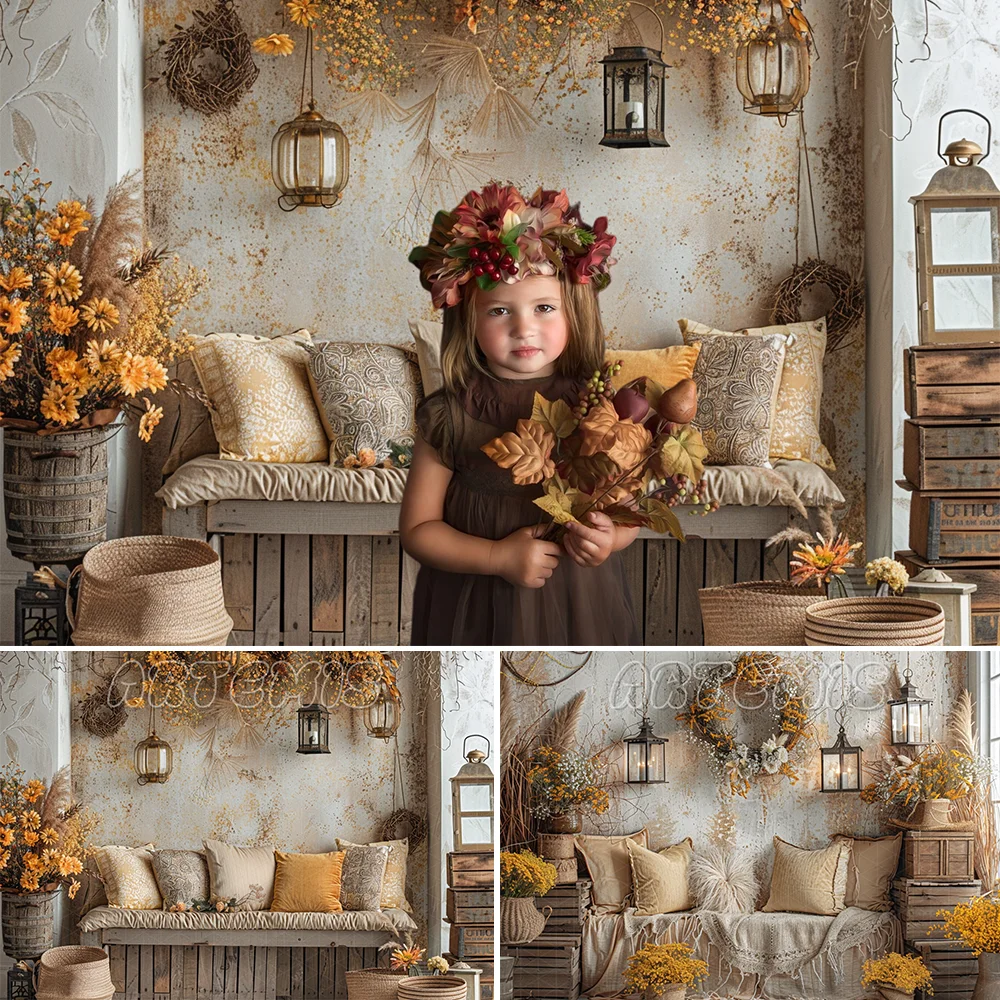 Fall Themed Backdrop Lanterns Straw Wreaths Sunflowers Wooden Boxes Old Bench Decorated Pillow Background Photo Studio Photocall