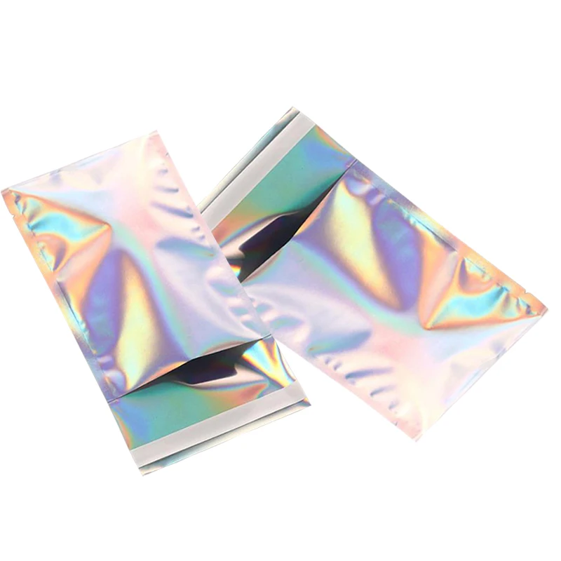 50pcs Holographic Adhesive Aluminum Foil Self Sealing Laser Pack Bag Snack Cosmetics Envelope Document Courier Storage Pouches