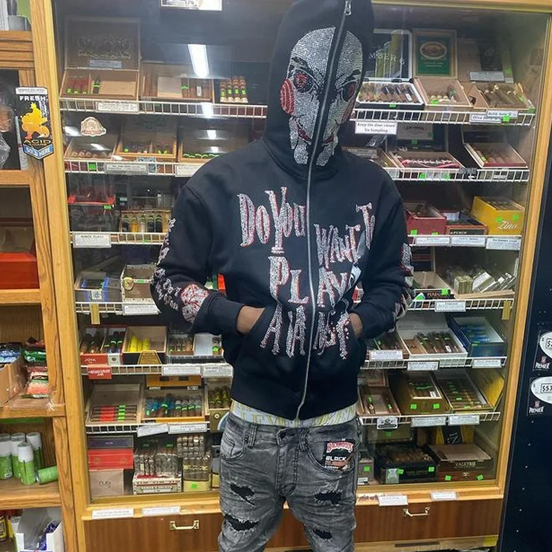 

Women Men Y2K Fashion Hoodie Rhinestones Graphics Print Zip Hoodie Clothes Hoodies Goth Long Sleeve Sweatshirt Oversized Top