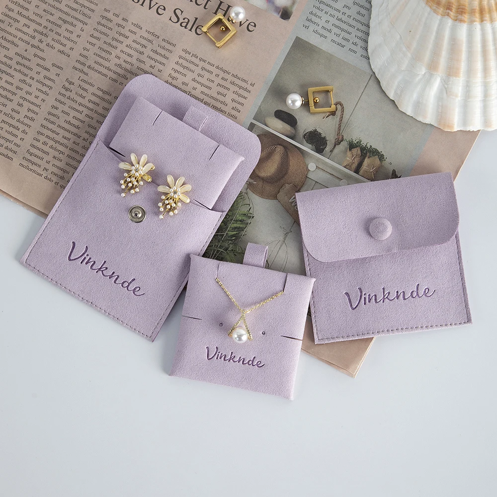 

Purple Microfiber Jewelry Gift Bags Custom Logo Velvet Snap Button Packaging Rings Earrings Organizer Pouch With Insert Card Pad
