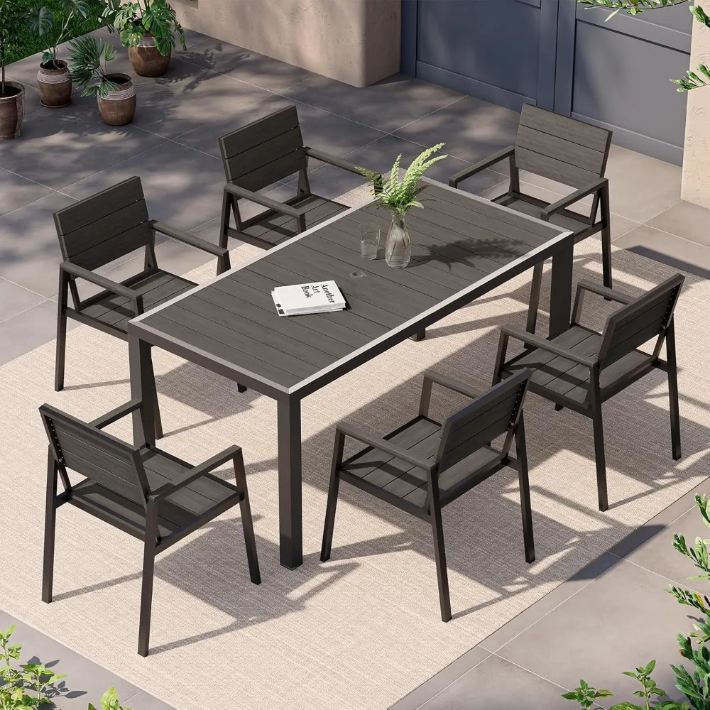 

Outdoor Dining Set for 6, Patio Table and Chairs Set, Aluminum Patio Furniture Set with Umbrella Hole, HDPS Patio Dining Table S