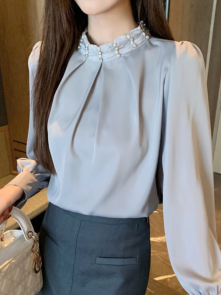 Beaded Stand Collar Satin Shirt Office Ladies Long Sleeve Blouse Korean Fashion Loose Chiffon Blouse Female 2025 New Spring Fall