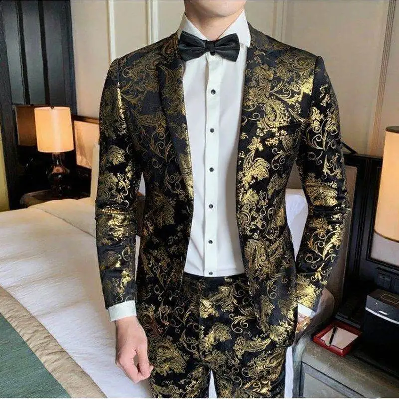 Suits Men's Gold-embroidered Fashionable Banquet Print Dance Singer Trend Host Casual Wedding Dress Male Star Performance Suit