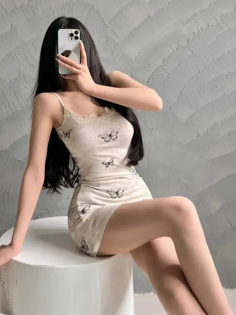 حار فتاة مثير طباعة الدانتيل فراشة حزام حقيبة الورك التفاف فستان أنيق للنساء رقيقة جدا قصيرة تانك فستان قصير الحلو الأعلى N4L3