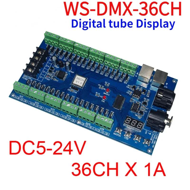 調光器付きDMXデコーダー,36チャンネル,36チャンネル,dmx512,13グループRGB出力,LED,3ピン,WS-DMX-36CH,hv,dc 5v-36v