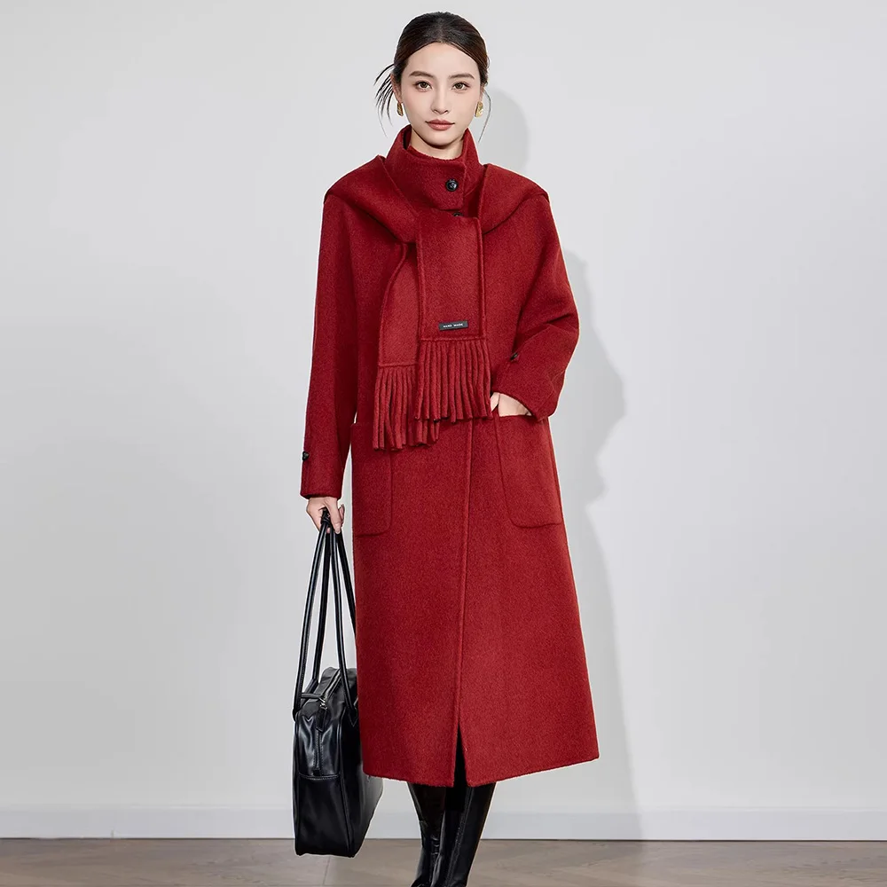 

Новое женское двустороннее шерстяное пальто: весна-осень-зима, модное, с воротником-стойкой, с широким поясом, свободного кроя, простое, длинное